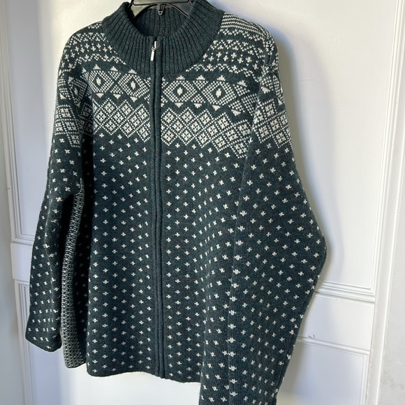 Lands End Knit Wool Fair Isle Full Zip Cardigan Sweater Large XLarge in Green - Picture 2 of 14